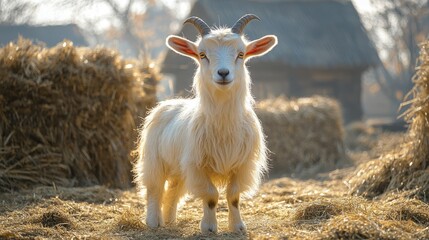 Goat stands in sunlight near straw bales in a rural setting on a clear day