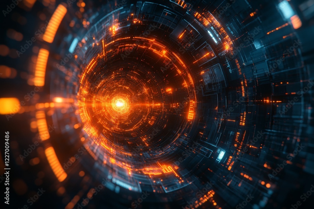Poster virtual portal with glowing orange and blue patterns swirling in a futuristic digital space