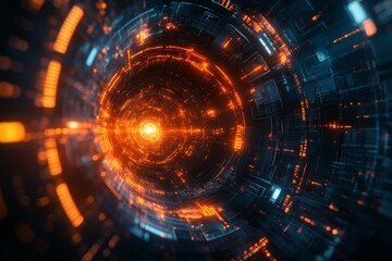 Obraz premium Virtual portal with glowing orange and blue patterns swirling in a futuristic digital space