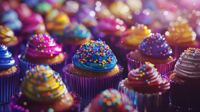 Colorful cupcakes with sprinkles and frosting on festive display