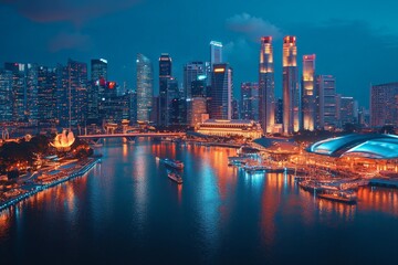 Fototapeta premium City skyline at dusk with illuminated buildings and reflections on the water in Singapore