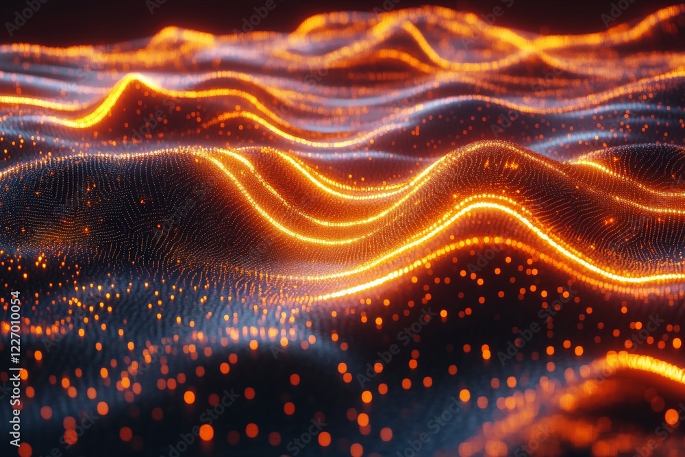 Poster Dynamic neon waves create an immersive digital landscape at dusk with vibrant flowing lines and luminous particles