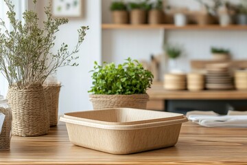 Natural wood bowls and potted herbs on a minimalist kitchen countertop during daytime