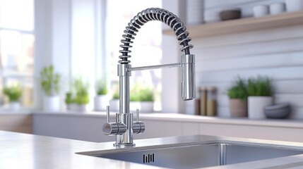 Modern kitchen faucet, bright interior, plants