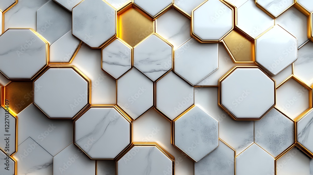 Poster 3d white and gold color hexagon tiles pattern shape background