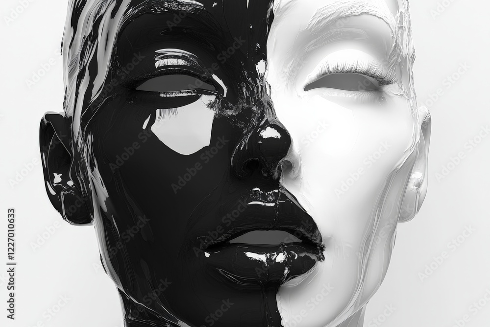 Poster unique artistic representation of a face divided into black and white halves highlighting duality an