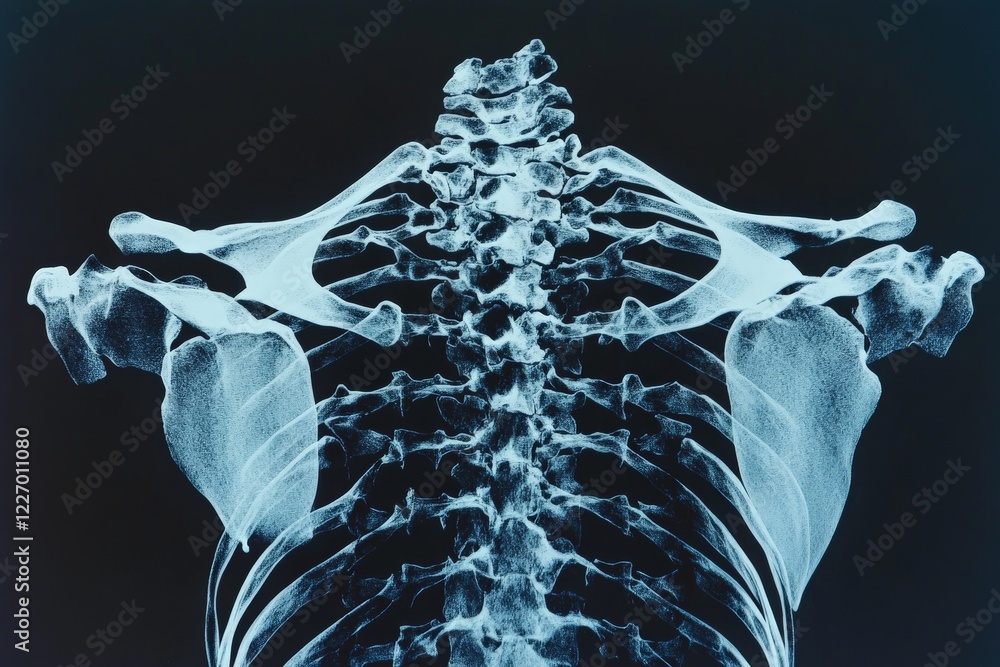 Poster close-up view of human skeletal structure highlighting the spine and shoulder blades in a dark setti