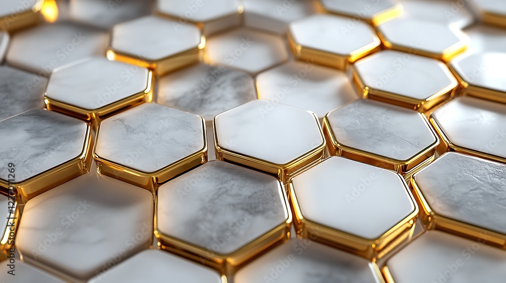Poster 3d white and gold color hexagon tiles pattern shape background