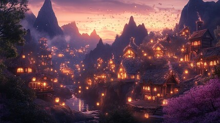 Illuminated mountain village sunset fantasy art