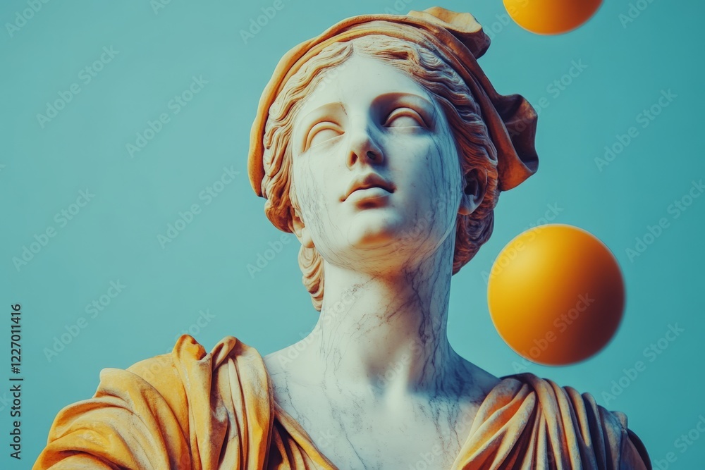 Poster statue of a goddess surrounded by abstract spheres in a bright blue setting