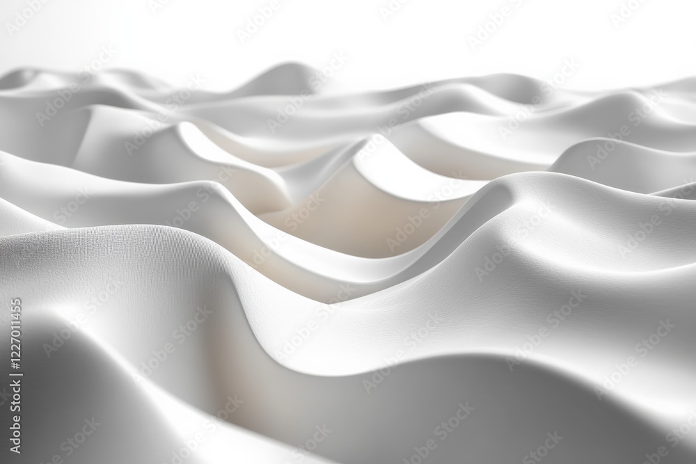 Poster soft white fabric creates undulating waves in a serene, minimalistic setting under natural light