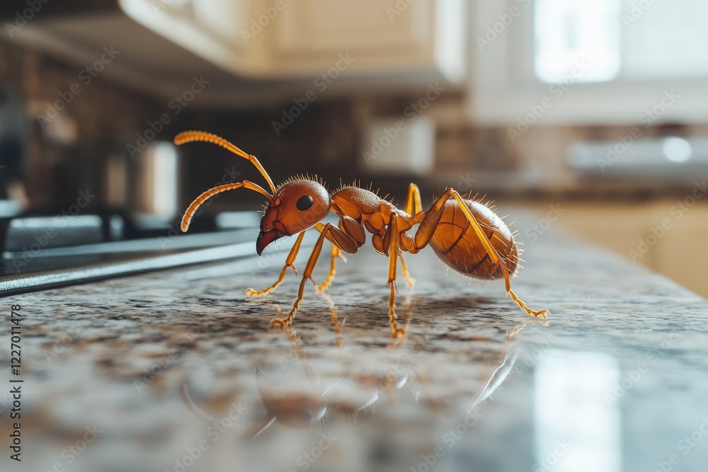 Aufkleber close-up of an ant crawling on a shiny granite surface in a kitchen setting during bright daylight h