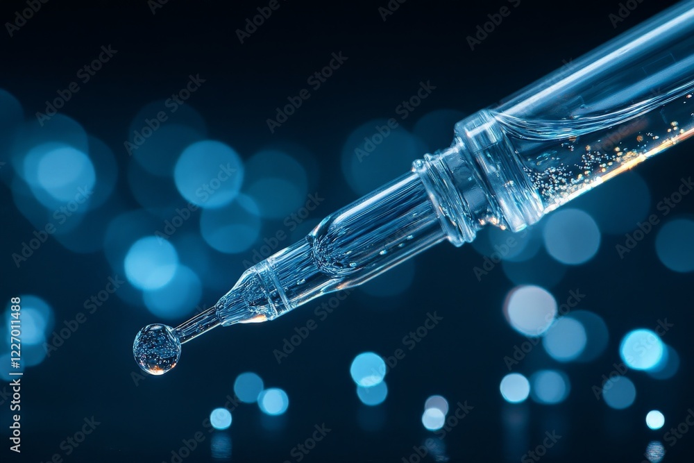 Aufkleber close-up of a dropper with water droplet, surrounded by blue bokeh lights in a soft-focus background