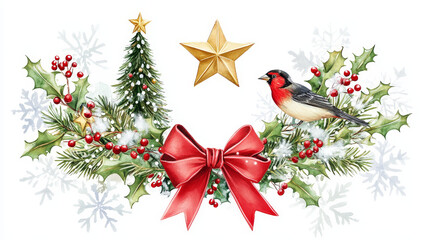 Christmas wreath with red ribbon bow greeting card. Xmas tree and holly berry branch with gold star, snow and bullfinch festive banner, edged by snowflake for winter holidays design