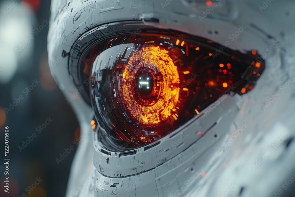 Aufkleber cyborg eye reflects complex circuitry and glowing orange light in futuristic setting