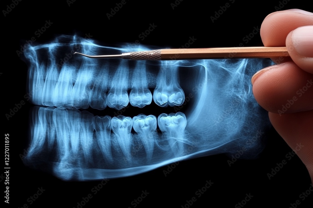 Aufkleber x-ray image of dental structures showing teeth and tools for examination in a clinical setting