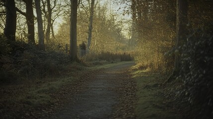 Obraz premium Golden sunlight illuminates a tranquil forest path, evoking peace and natural harmony.
