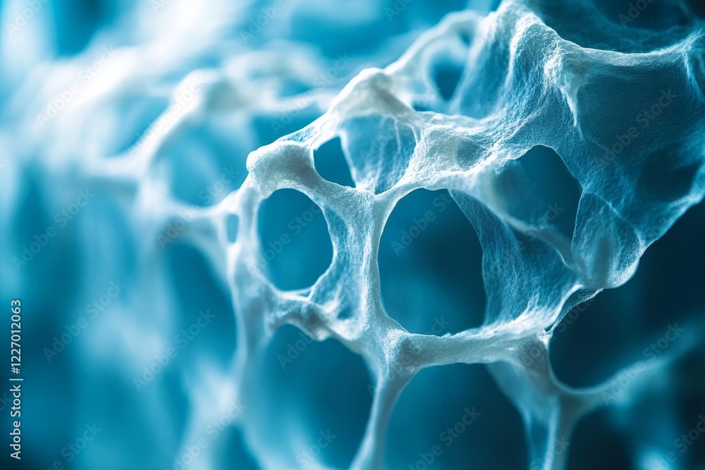 Fototapete Microscopic view of intricate web-like structures in blue and white colors showcasing unique patterns and textures
