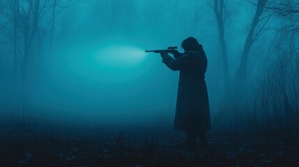 Woman aiming rifle in foggy forest at night