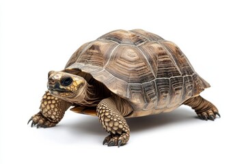 Obraz premium A young tortoise crawls on a white background.