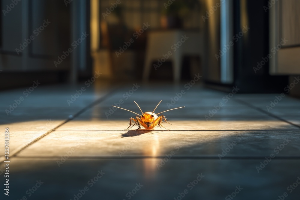 Poster cockroach crawling on tiled floor in a well-lit indoor environment during daytime