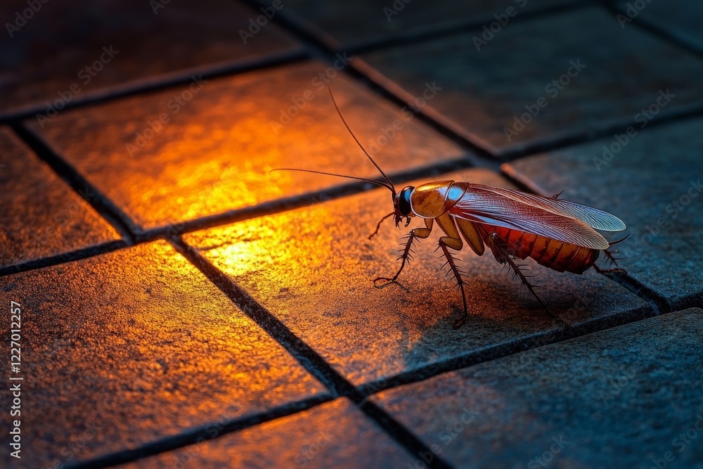 Poster cockroach explores a tiled surface illuminated by warm light in a domestic setting at night