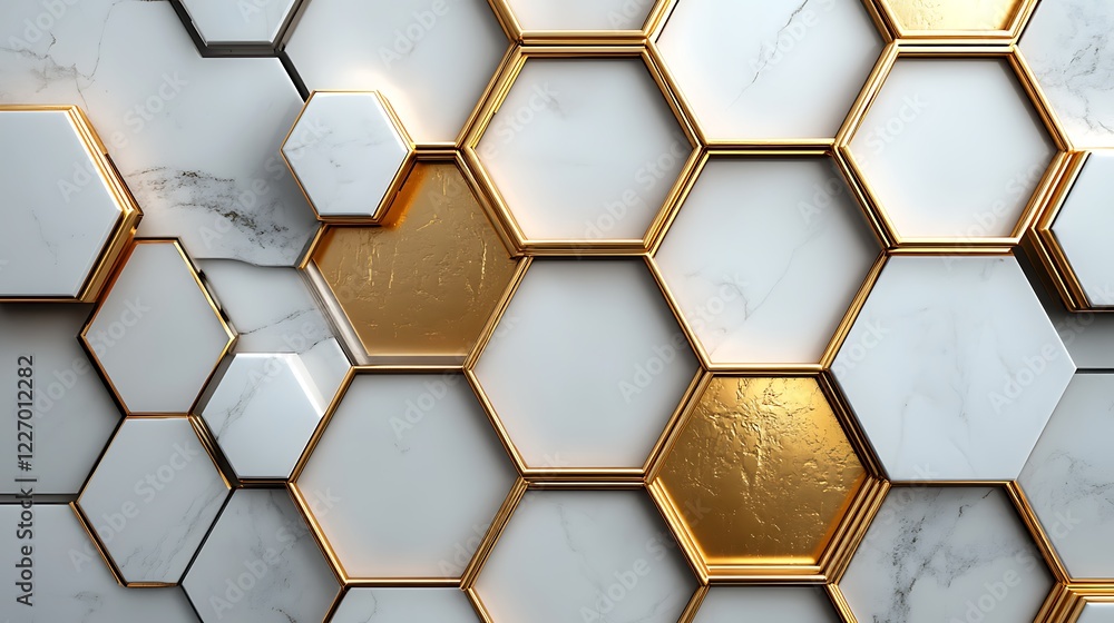 Poster 3d white and gold color hexagon tiles pattern shape background
