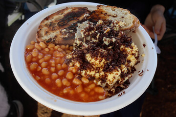 Paper plate, delicious, easy to make, quick to prepare, camping food. Baked beans, scrambled eggs...