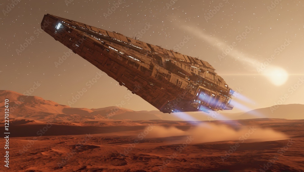 Poster huge spaceship flying low over the surface of a red planet with a setting sun and starry night sky, 