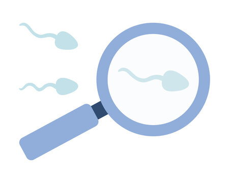 Sperm test analysis symbol. Spermatozoon and magnifying glass. Illustration in flat style.