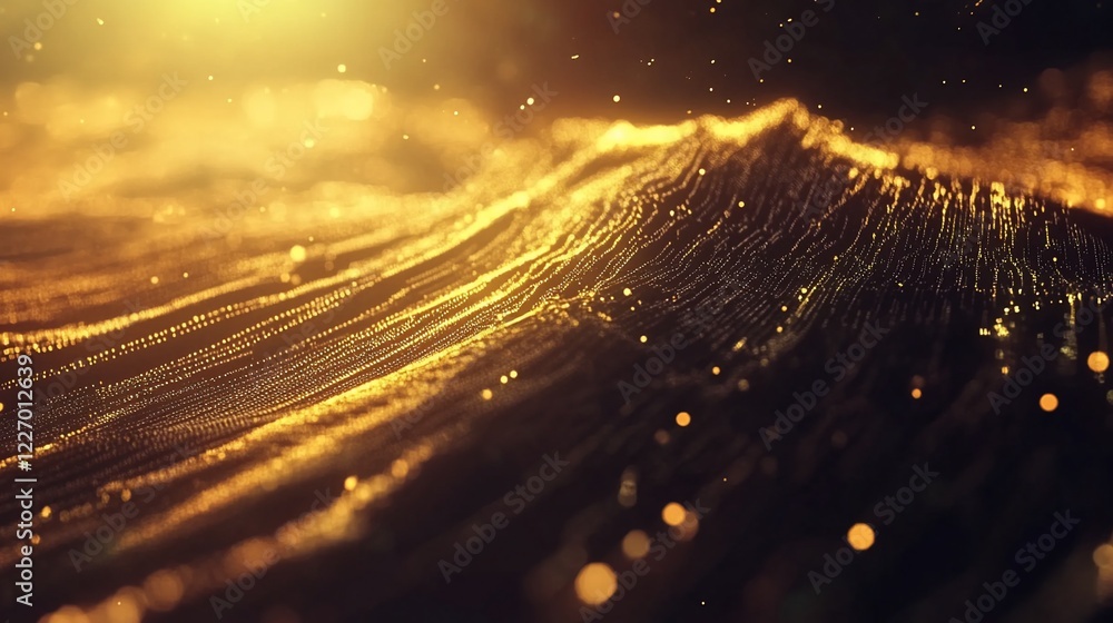 Aufkleber abstract golden wave of digital particles with blurred light points flowing on a dark background