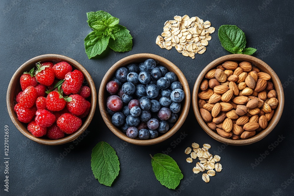 Aufkleber fresh berries and nuts displayed in wooden bowls with mint and oats on a dark surface