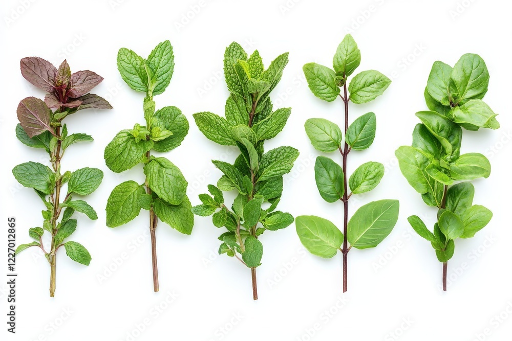 Poster various types of fresh herbs displayed on a white background showcasing different shades of green an