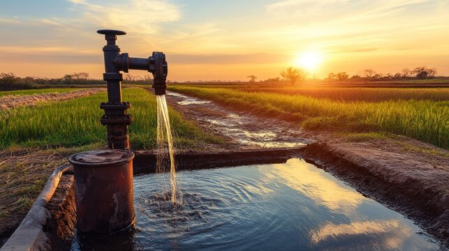 Sunset irrigation; rural water pump; rice paddy field