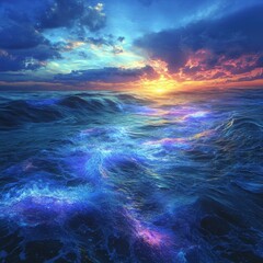 Fototapeta premium Stunning bioluminescent ocean waves under vibrant sunset skies capturing nature's majesty
