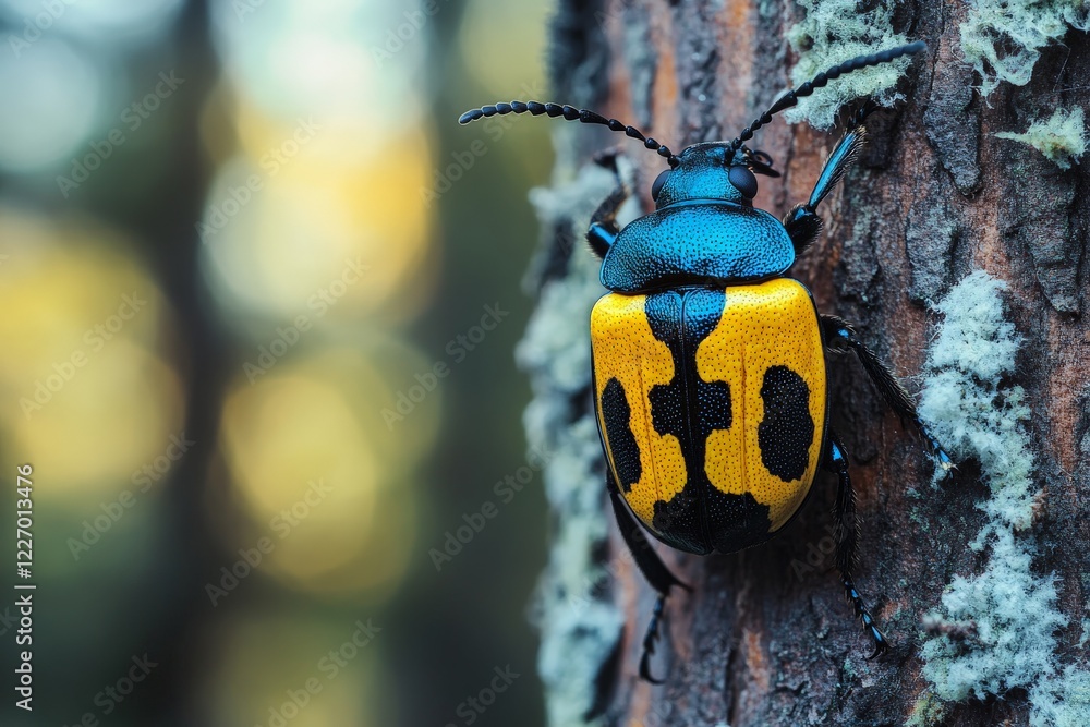 Aufkleber colorful beetle resting on tree bark in a forest during daylight hours