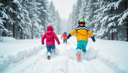 Children playing in snow against a forest backdrop