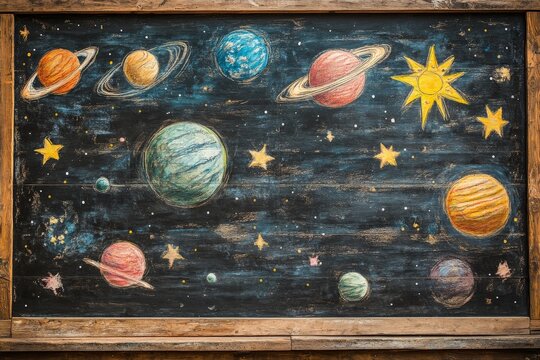Colorful chalk drawing of the solar system with planets, stars, and a sun on a blackboard backdrop