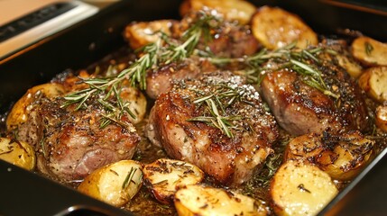Fototapeta premium Roasted lamb, potatoes, rosemary, kitchen, oven, meal