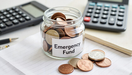 Emergency fund jar with coins and calculators on a desk
