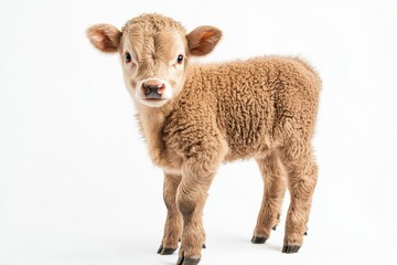 Fototapeta premium Adorable light brown calf, standing on white background.