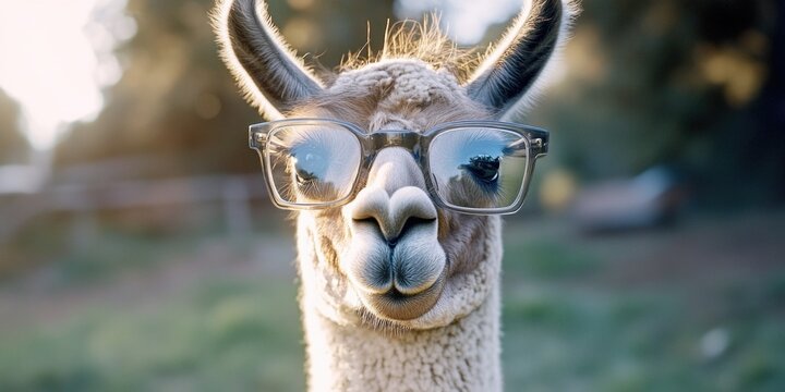 Llama looking directly at the camera wearing oversized sunglasses, showcasing a lighthearted and humorous take on fashion for animals.