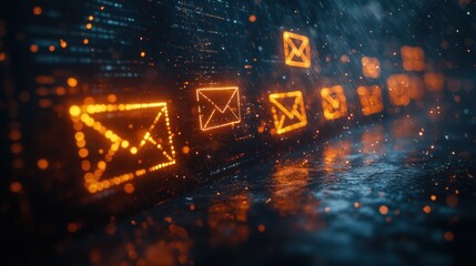 Glowing email icons in rain on digital display for futuristic communication theme