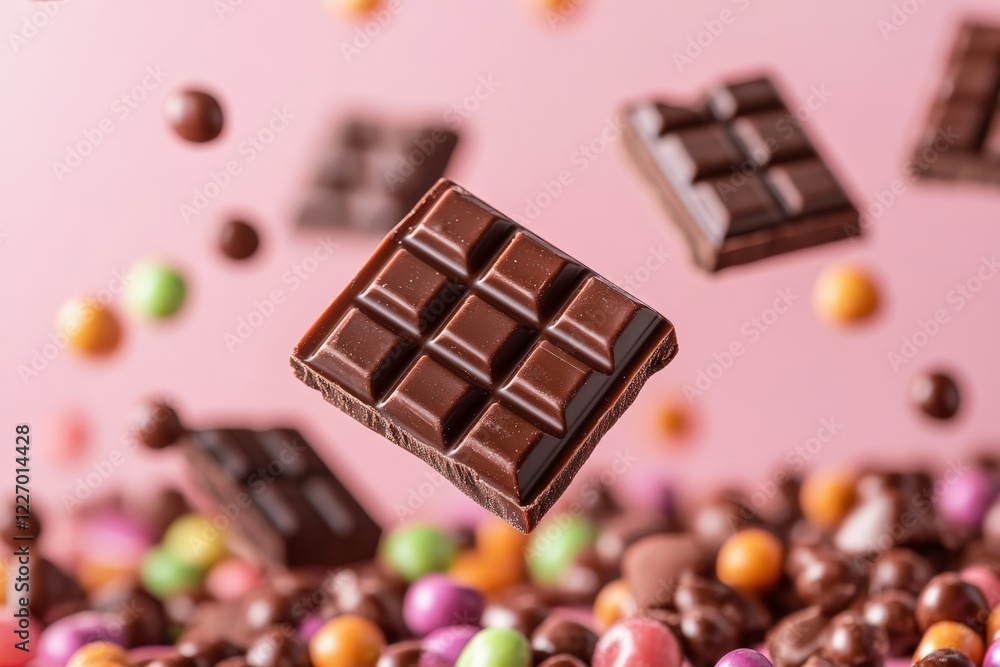 Poster chocolate bar floats above colorful candies with a soft pink background in a whimsical dessert setti