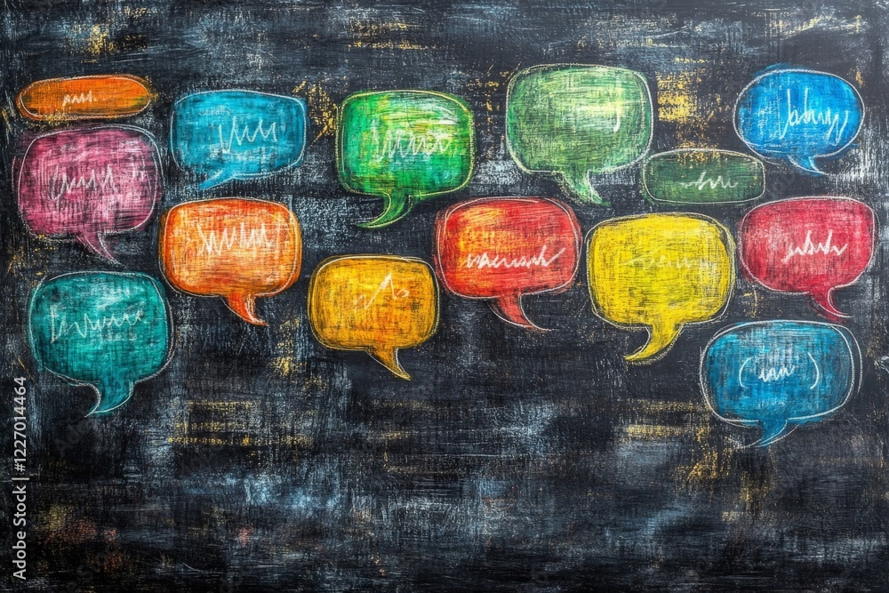 Poster colorful speech bubbles on a chalkboard symbolize communication and dialogue in diverse styles