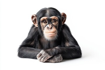 Naklejka premium Young chimpanzee resting on a white background.