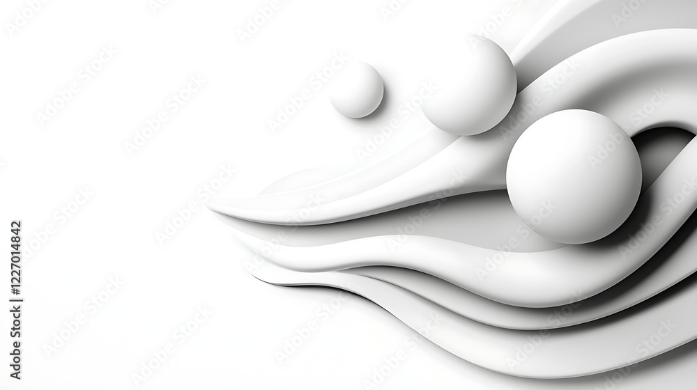 Poster abstract white three dimensional rendering of flowing waves and spheres