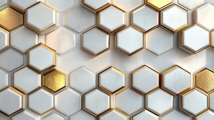 3D white and gold color hexagon tiles pattern shape background
