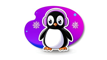 Naklejka premium Adorable Cartoon Penguin Wearing Earmuffs in Winter Wonderland
