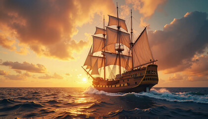 Obraz premium Sailing ship at sunset on the ocean